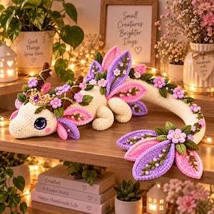 Patrón de ganchillo de dragón princesa floral, amigurumi de dragón en PDF, peluche de dragón de fantasía, lindo dragón de ganchillo, patrón en inglés en PDF
