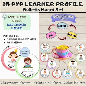 以下が含まれることがあります： パステルカラーの教育用ポスターを含むIB PYP Learner Profile掲示板セット。セットには、Thinker、Inquirer、Communicatorなどの特性がラベル付けされた円形のカードが含まれており、それぞれにイラストとテキストの説明が記載されています。