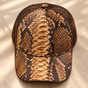 Python Snakeskin Leather Trucker Hat, Exotic Reptile Print Baseball Cap, Unisex Western Streetwear Hat, Handmade Luxury Snapback