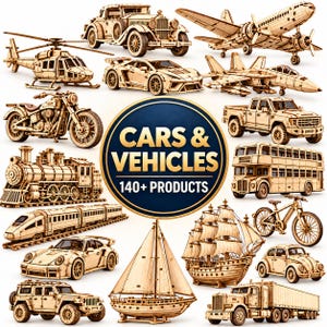 Op de afbeelding: Een verzameling van houten modelvoertuigen in lichte kleur, waaronder een oldtimer, vliegtuig, helikopter, sportwagen, straaljager, motorfiets, pick-up truck, stoomlocomotief, bus, trein, zeilboot, fiets, keverauto, SUV en een vrachtwagen met tekst.