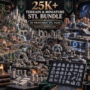 Könnte beinhalten: Eine digitale Sammlung von über 25.000 STL-Dateien für Gelände und Miniaturen zum 3D-Drucken. Das Bild zeigt eine Fantasielandschaft mit Burgen, Steinruinen und verschiedenen Figuren sowie ein Tablet mit einer Rasteransicht der Dateisymbole.