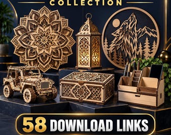 Può includere: Una collezione di oggetti in legno tagliati al laser che include un'arte da parete mandala, una lanterna decorativa, una scena circolare con lupo e montagne, un modello di veicolo fuoristrada, una scatola portaoggetti e un organizer da scrivania.