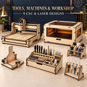 May include: A collection of light-coloured wooden workshop organisers and machines, including a CNC router, a laser cutter, a tool rack, a paint bottle holder, a syringe stand, and a corner jig. Text reads: TOOLS, MACHINES & WORKSHOP 9 CNC & LASER DESIGNS.