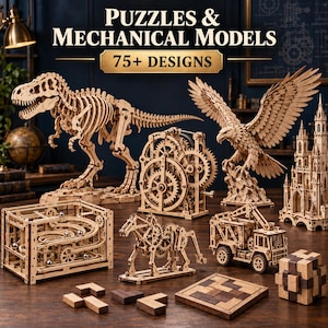 May include: A collection of light-coloured wooden mechanical models and puzzles, including a T-Rex skeleton, an eagle, a gear-driven machine, a marble run, a horse, a truck, a castle, and various geometric blocks, with text reading PUZZLES & MECHANICAL MODELS 75+ DESIGNS.