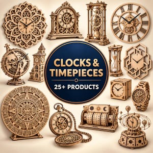 Puede incluir: Una colección de relojes de madera con diversos diseños, incluyendo un reloj de pared tipo mandala, un globo terráqueo, un reloj de bolsillo, un calendario y un reloj de pulsera, alrededor de un letrero circular CLOCKS & TIMEPIECES 25+ PRODUCTS.