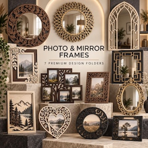 May include: A collection of decorative photo and mirror frames featuring various shapes including circular, heart-shaped, and arched designs. The frames are crafted in wood and metal with intricate cut-out patterns, floral motifs, and geometric borders.