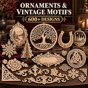 May include: A collection of laser-cut wooden ornaments and vintage motifs featuring over 600 designs. The set includes intricate shapes like a tree of life, a horseshoe, snowflakes, floral corners, a Celtic knot, and a landscape frame with text.