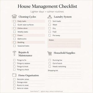 Peut inclure: Une liste de contrôle de gestion domestique imprimée sur un fond clair avec du texte noir. Les sections incluent les cycles de nettoyage, le système de lessive, les réparations, les fournitures et l'organisation, avec des cases à cocher.