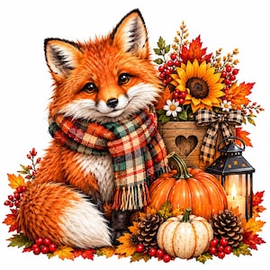 Peut inclure: Un renard orange touffu portant une écharpe à carreaux, placé à côté d'une caisse en bois avec une découpe en forme de cœur, un tournesol, une lanterne noire avec une bougie allumée, deux citrouilles, des pommes de pin, des baies rouges et des feuilles d'automne colorées sur un fond blanc.