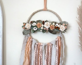 Blush & Peach Wreath for Nursery Wall Hanging Shabby Hoop Wreath Small Floral Dreamcatcher Boho Wreath, Gift for Her, Floral Hoop Wreath