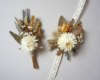 Dried Flower Corsage or Boutonniere Rustic Flower Wrist Corsage Boutonniere for Fall Wedding or Prom Boutonniere Neutral Colors Corsage