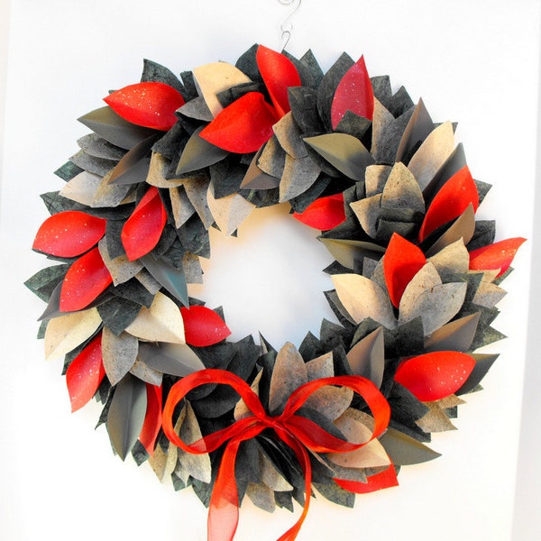 CHRISTMAS HOLIDAY WREATH-paper leaf wreath-red, greens oatmeal