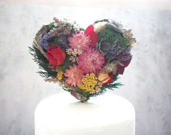 Cake Topper Heart Floral Boho Wedding Cake Topper Dried Flower Heart Topper Anniversary Cake Topper Colorful Cake Decor for Wedding