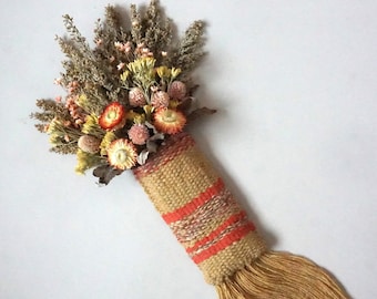 Weaving with Dried Flowers, Floral Tapestry Weaving, Yellow Ochre Wall Hanging, Organic Home Decor, Office Wall Decor, Southwestern Decor