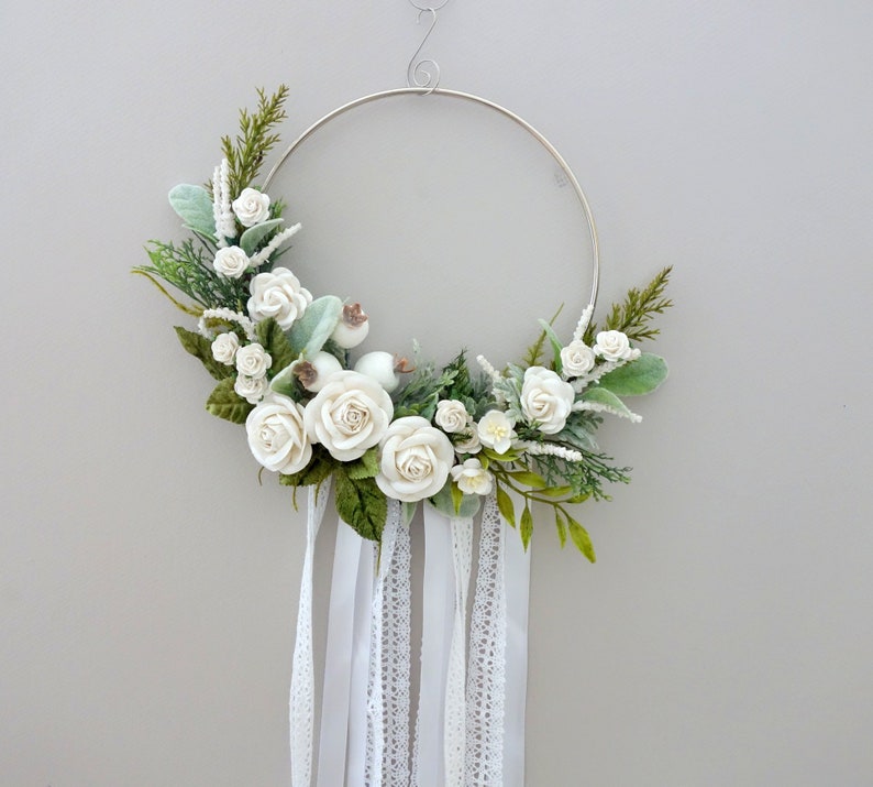 White Wedding Decor Floral Hoop Wreath Nursery Decor Mothers Day Gift Wedding Wreath Gift for Her Flower Girl Bouquet Natural Wreath