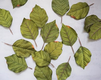 May include: A collection of 17 green felt leaves with a slightly orange tint. The leaves are arranged on a white surface.