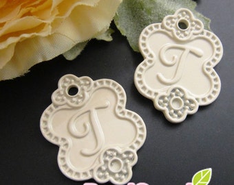 Lace Applique alphabet charm 2 pcs X CH-ME-10002 Mint enameled