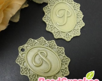 Lace Applique alphabet charm 2 pcs X CH-ME-10002 Mint enameled