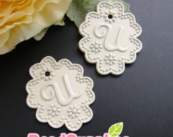 Lace Applique alphabet charm 2 pcs X CH-ME-10002 Mint enameled