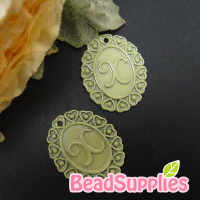 Lace Applique alphabet charm 2 pcs X CH-ME-10002 Mint enameled