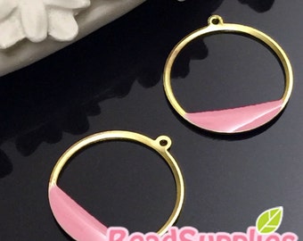 CH-EX-08127SP - Nicke Free, raw brass,Geometric circle charm,sakura pink, 4 pcs