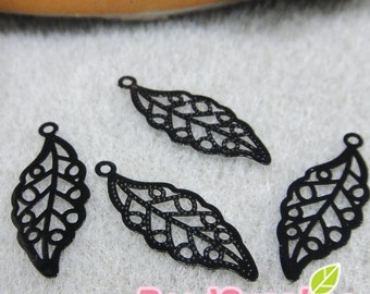 CH-ME-10135 - Color enameled,  Filigree leaf computer-cut plate, black, 6 pcs