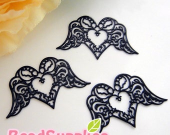 CH-ME-01864 - Black enameled, Filigree heart wing , 4 pcs