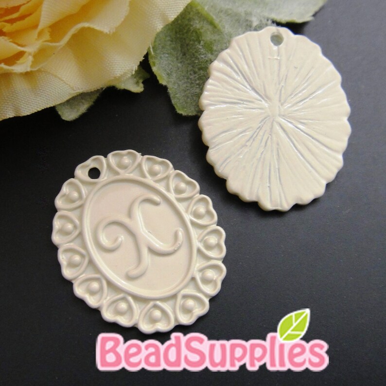 Lace Applique alphabet charm 2 pcs X CH-ME-10002 Mint enameled