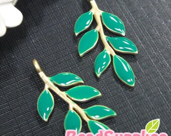 CH-EX-02007TG - Matted gold plated,Puffy Twig with leaves ,teal green, 4 pcs