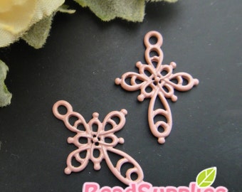 CH-ME-01698,  Nickel Free, dusty pink enameled, Filigree cross charms, 4 pcs  (made in Korea)