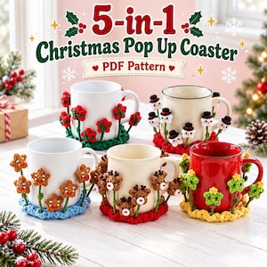 Puede incluir: Un patrón PDF 5 en 1 de posavasos navideños pop-up con cinco diseños de ganchillo alrededor de tazas: flores rojas sobre verde, muñecos de nieve sobre rojo, estrellas de jengibre sobre azul, renos sobre rojo y árboles verdes sobre amarillo.