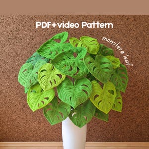 Puede incluir: Una planta monstera de ganchillo con múltiples hojas verdes en varios tonos, con recortes característicos. El texto PDF+video Pattern y monstera leaf es visible sobre la planta, que se encuentra en un jarrón de color blanco.