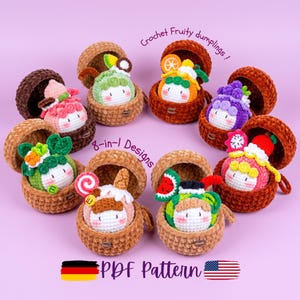 Mönster för virkad dumpling i pdf-format, 8-i-1 fruktdumpling-amigurumi, kawaii-matplysch med ångkorg, enkel virkad bao på engelska och tyska