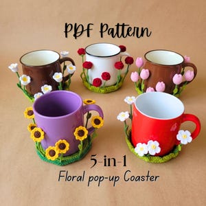 5-in-1 Pop-Up flower Crochet Coaster Pattern (PDF), 3d flower Mug Coaster PDF, Daisy Rose Tulip Sunflower mug rugs, Floral Crochet Pattern