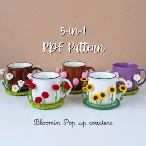 5-in-1 Pop-Up flower Crochet Coaster Pattern (PDF), 3d flower Mug Coaster PDF, Daisy Rose Tulip Sunflower mug rugs, Floral Crochet Pattern