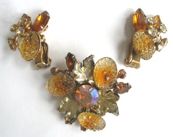 Free Shipping to US. Vintage Amber/Orange/Yellow Art Glass Rhinestone "Beau Jewels" Brooch & Clip earrings Demi Parure - STUNNING!