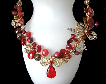 Holiday MAGIC!! Swarovski Ruby Rhinestones galore... unique design from Vintage components. FREE SHIPPING!