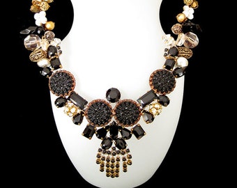 Free Shipping to US. Ultimate Jet/Gold - Unique, glamorous necklace designed from Vintage components. Wearable Art!