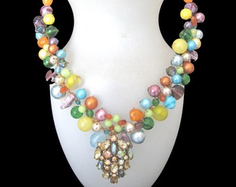 FREE SHIPPING to US. Color Splash Fiesta! Yellows, Oranges, Aquas, Greens, & Purples all in one unique necklace of rare vintage beads.