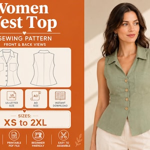 May include: A sewing pattern for a sleeveless vest top with a collar and front buttons. The graphic displays front and back technical line drawings, size range XS to 2XL, and icons for A4, US Letter, and A0 paper formats for instant download.