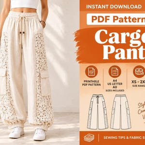 Könnte beinhalten: Beige Cargohose mit seitlichen Spitzeneinsätzen, großen Cargotaschen und Kordelzug an der Taille. Das Bild enthält den Text: INSTANT DOWNLOAD, PDF Pattern, Cargo Pants, Printable PDF Pattern, A4 US Letter A0, XS-2XL, Beginner Friendly.