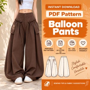 Könnte beinhalten: Ein digitales Schnittmuster für eine braune Ballonhose mit hoher Taille, gerafften Taschen und weiten Beinen. Die Grafik enthält den Text: INSTANT DOWNLOAD, PDF Pattern, Balloon Pants, printable PDF, A4 US LETTER A0, XS-2XL und Nähtipps.