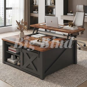 May include: A rectangular coffee table with a dark gray base and a wood-grain top that lifts to create a desk surface. The table features a sliding barn-style door, open shelving for books, and a decorative X-brace design on the side panels.