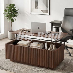 May include: A rectangular dark wood coffee table with a vertical slatted exterior design and a lift-top mechanism. The interior storage compartment contains stacked books and decorative ceramic objects, while a laptop sits on the raised surface.