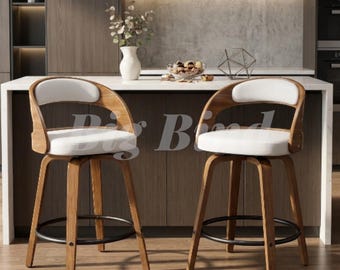 Swivel Bar Stools Set of 2, 26 Inch Counter Height, Walnut Wood Legs, Upholstered PU Leather Seat, Mid Century Modern Kitchen Island Stools