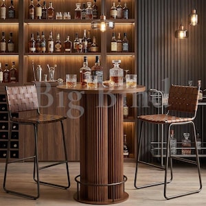 May include: A round wooden bar table with a fluted base and two matching bar stools featuring woven brown leather seats and dark metal frames. The table holds several glass decanters and tumblers filled with amber liquid, set against a bar shelf.