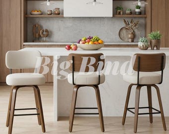 Bar Stools Set of 3, 26 Inch Counter Height, Swivel Beige Grey Upholstered, Walnut Wood Legs, Mid Century Modern Kitchen Island Stools