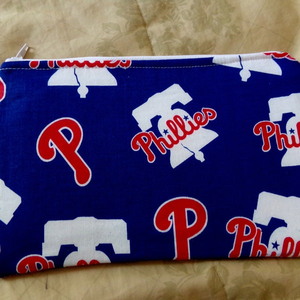 Philadelphia Phillies zippered pouch 9 1/2" X 6" cotton, white satin lining.  Great for cell phones and other uses.  Go Phillies!