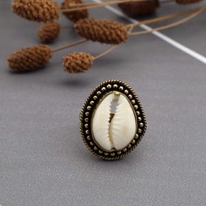 Cowrie Shell Ring Brass Boho Statement Adjustable Seashell Tribal Ethnic Jewelry, Beach Festival Ring Gift for Her