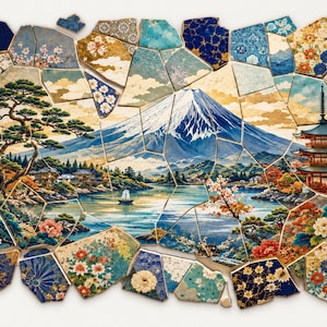 May include: A mosaic wall art piece featuring a landscape of Mount Fuji, a pagoda, and a lake with a boat. The image is composed of irregular ceramic-style shards with blue, white, gold, and floral patterns, creating a fractured, puzzle-like effect.